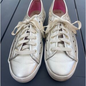 Women’s gold Kate Spade/Keds collab sneakers. With heart cutouts. 8.5